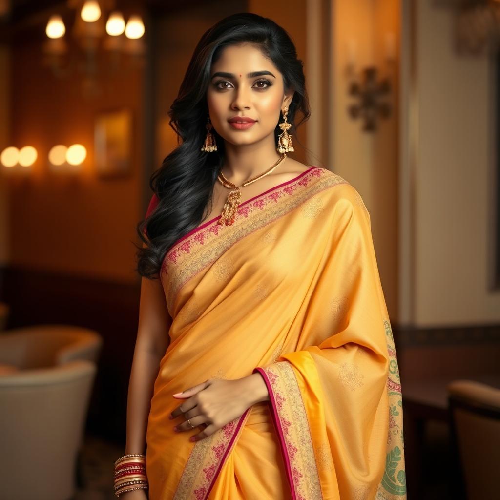 An Indian woman wearing a beautifully draped saree, showcasing the traditional and elegant attire