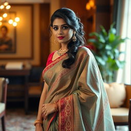 An Indian woman wearing a beautifully draped saree, showcasing the traditional and elegant attire