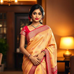 An Indian woman wearing a beautifully draped saree, showcasing the traditional and elegant attire