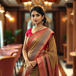 An Indian woman wearing a beautifully draped saree, showcasing the traditional and elegant attire