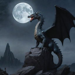 A majestic dragon atop a rocky peak, gazing down at a lone human standing bravely below, under the moonlit sky.