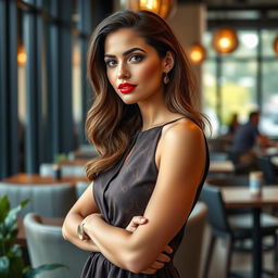 A confident woman with a stylish and elegant appearance, wearing a chic dress that highlights her sophistication