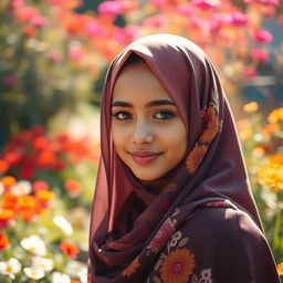 A beautiful girl wearing a vibrant hijab, looking serene and composed, standing in a sunlit garden filled with colorful flowers