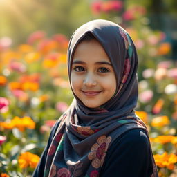 A beautiful girl wearing a vibrant hijab, looking serene and composed, standing in a sunlit garden filled with colorful flowers