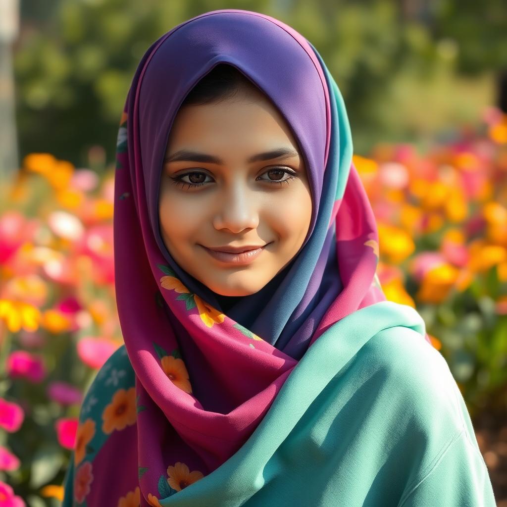 A beautiful girl wearing a vibrant hijab, looking serene and composed, standing in a sunlit garden filled with colorful flowers