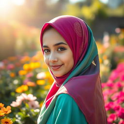 A beautiful girl wearing a vibrant hijab, looking serene and composed, standing in a sunlit garden filled with colorful flowers