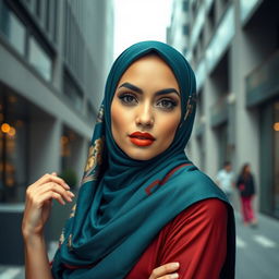 A beautiful woman wearing a stylish, vibrant hijab, accentuating her alluring features with a confident demeanor