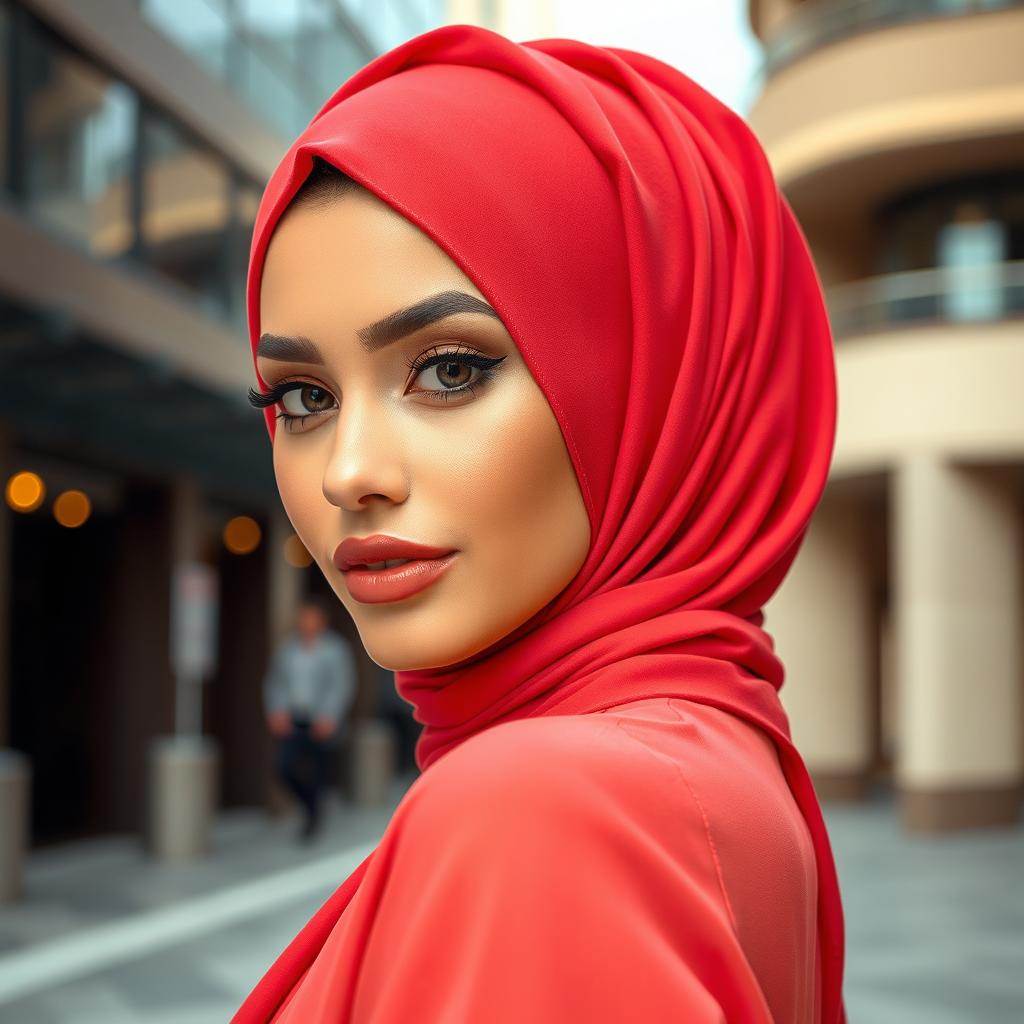 A beautiful woman wearing a stylish, vibrant hijab, accentuating her alluring features with a confident demeanor