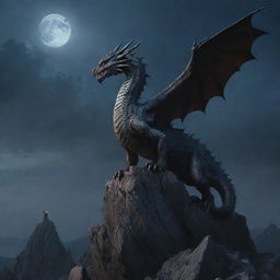 A majestic dragon atop a rocky peak, gazing down at a lone human standing bravely below, under the moonlit sky.