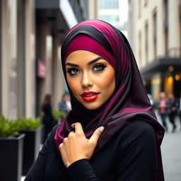 A beautiful woman wearing a stylish, vibrant hijab, accentuating her alluring features with a confident demeanor