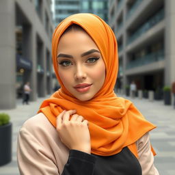 A beautiful woman wearing a stylish, vibrant hijab, accentuating her alluring features with a confident demeanor