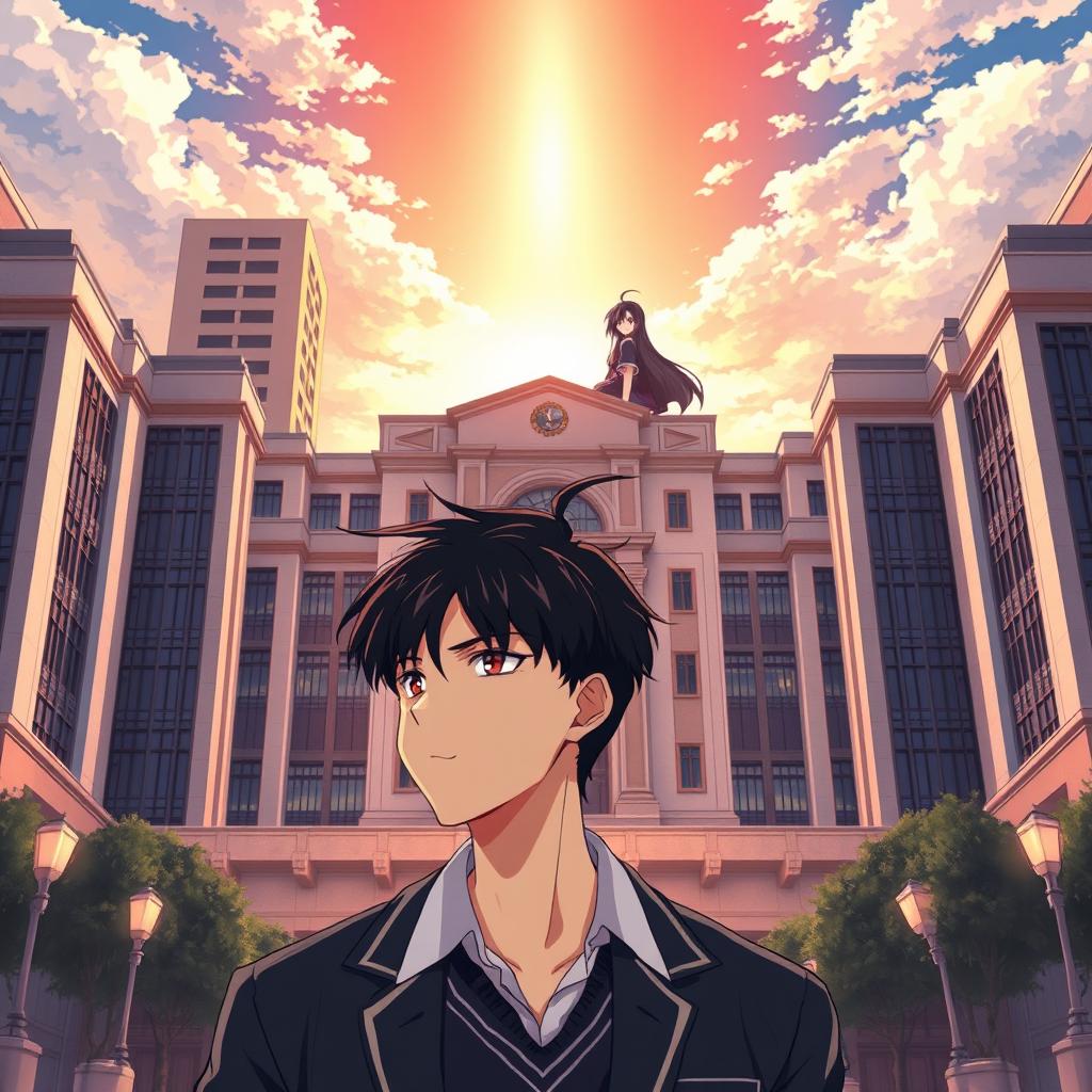 Anime-style novel cover depicting a grand, modern school prominently located in the city center