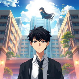 Anime-style novel cover depicting a grand, modern school prominently located in the city center