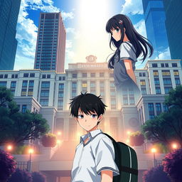 Anime-style novel cover depicting a grand, modern school prominently located in the city center