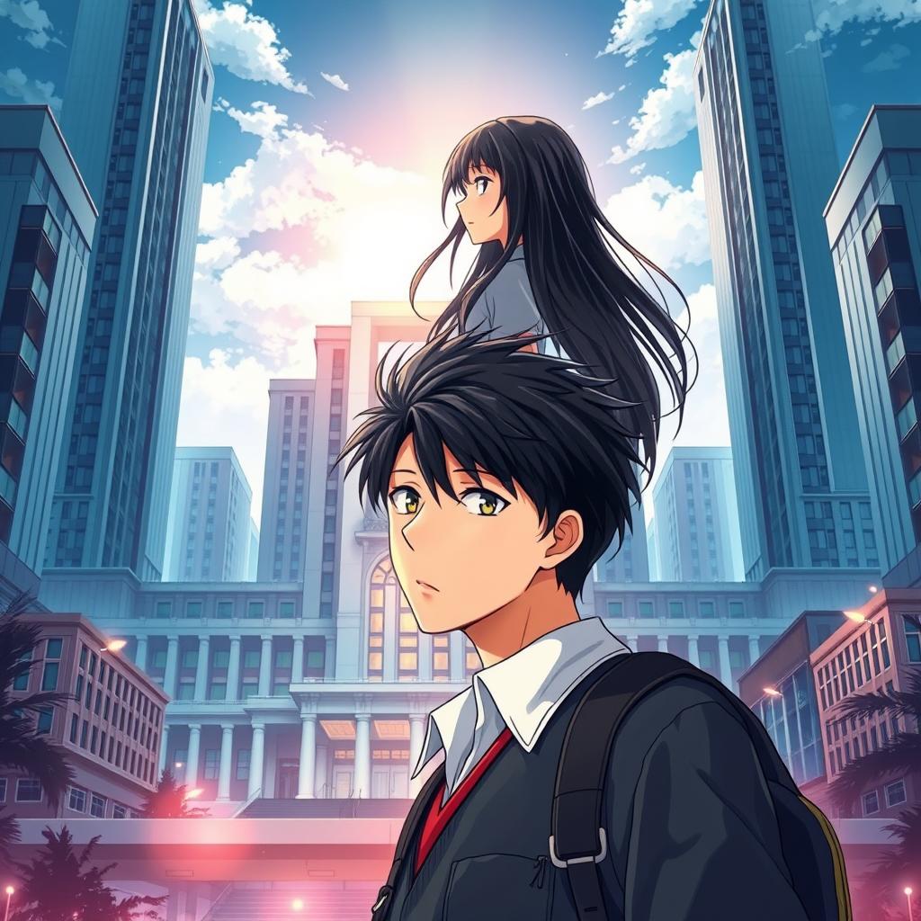 Anime-style novel cover depicting a grand, modern school prominently located in the city center