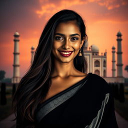 RAW face portrait of a beautiful 26-year-old woman with a cute expression, wearing a stunning black and white sari