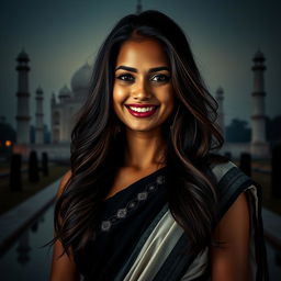 RAW face portrait of a beautiful 26-year-old woman with a cute expression, wearing a stunning black and white sari