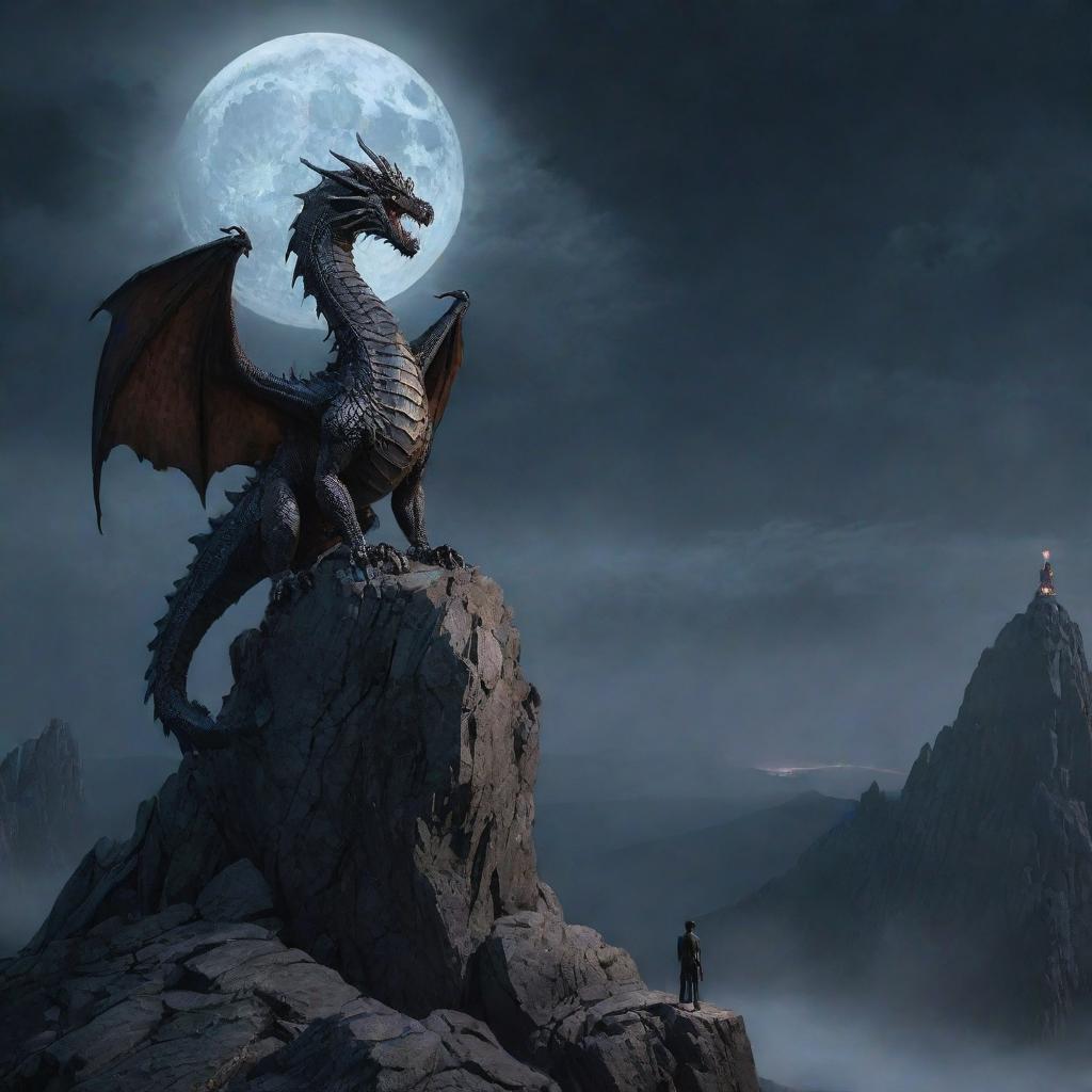 A majestic dragon atop a rocky peak, gazing down at a lone human standing bravely below, under the moonlit sky.