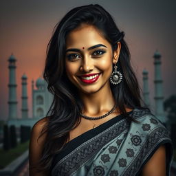 RAW face portrait of a beautiful 26-year-old woman with a cute expression, wearing a stunning black and white sari