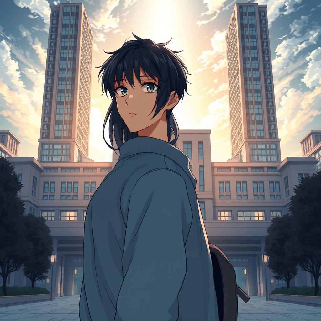 Anime-style novel cover depicting a grand, modern school prominently located in the city center