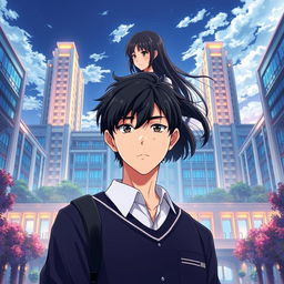 Anime-style novel cover depicting a grand, modern school prominently located in the city center