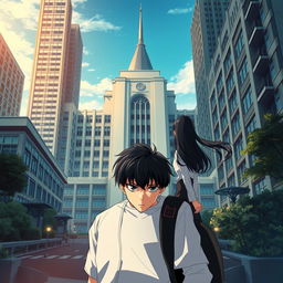 Anime-style novel cover depicting a grand, modern school prominently located in the city center