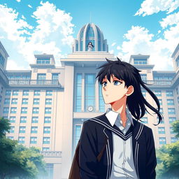 Anime-style novel cover depicting a grand, modern school prominently located in the city center