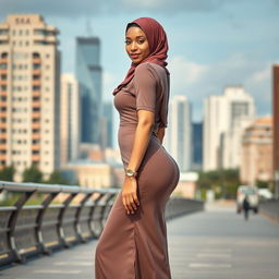 A confident woman with an attractive figure, wearing a tastefully draped hijab that complements her curves, standing in a picturesque cityscape