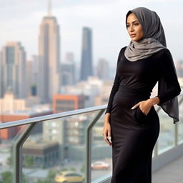 A confident woman with an attractive figure, wearing a tastefully draped hijab that complements her curves, standing in a picturesque cityscape