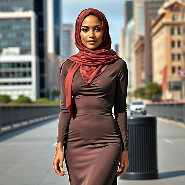 A confident woman with an attractive figure, wearing a tastefully draped hijab that complements her curves, standing in a picturesque cityscape