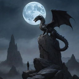 A majestic dragon atop a rocky peak, gazing down at a lone human standing bravely below, under the moonlit sky.