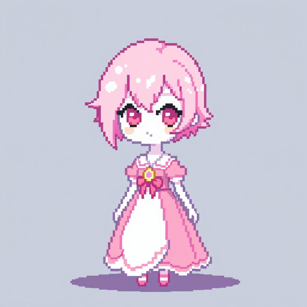 A 32x32 pixel art character designed for a 2D video game, featuring a female character wearing a pink and white outfit