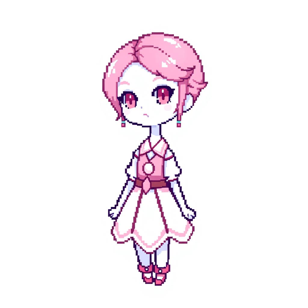 A 32x32 pixel art character designed for a 2D video game, featuring a female character wearing a pink and white outfit