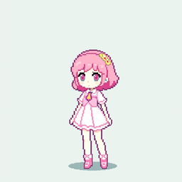 A 32x32 pixel art character designed for a 2D video game, featuring a female character wearing a pink and white outfit