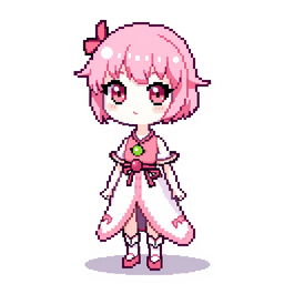 A 32x32 pixel art character designed for a 2D video game, featuring a female character wearing a pink and white outfit