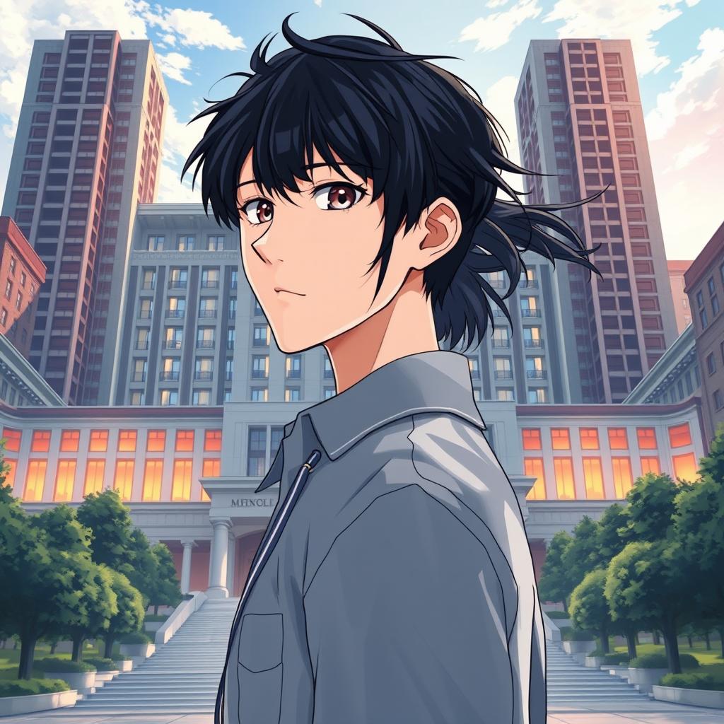 Anime-style novel cover depicting a grand, modern school prominently located in the city center