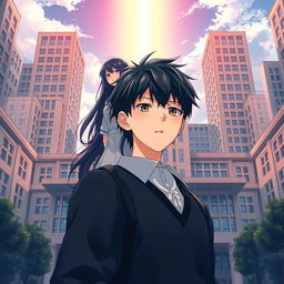 Anime-style novel cover depicting a grand, modern school prominently located in the city center