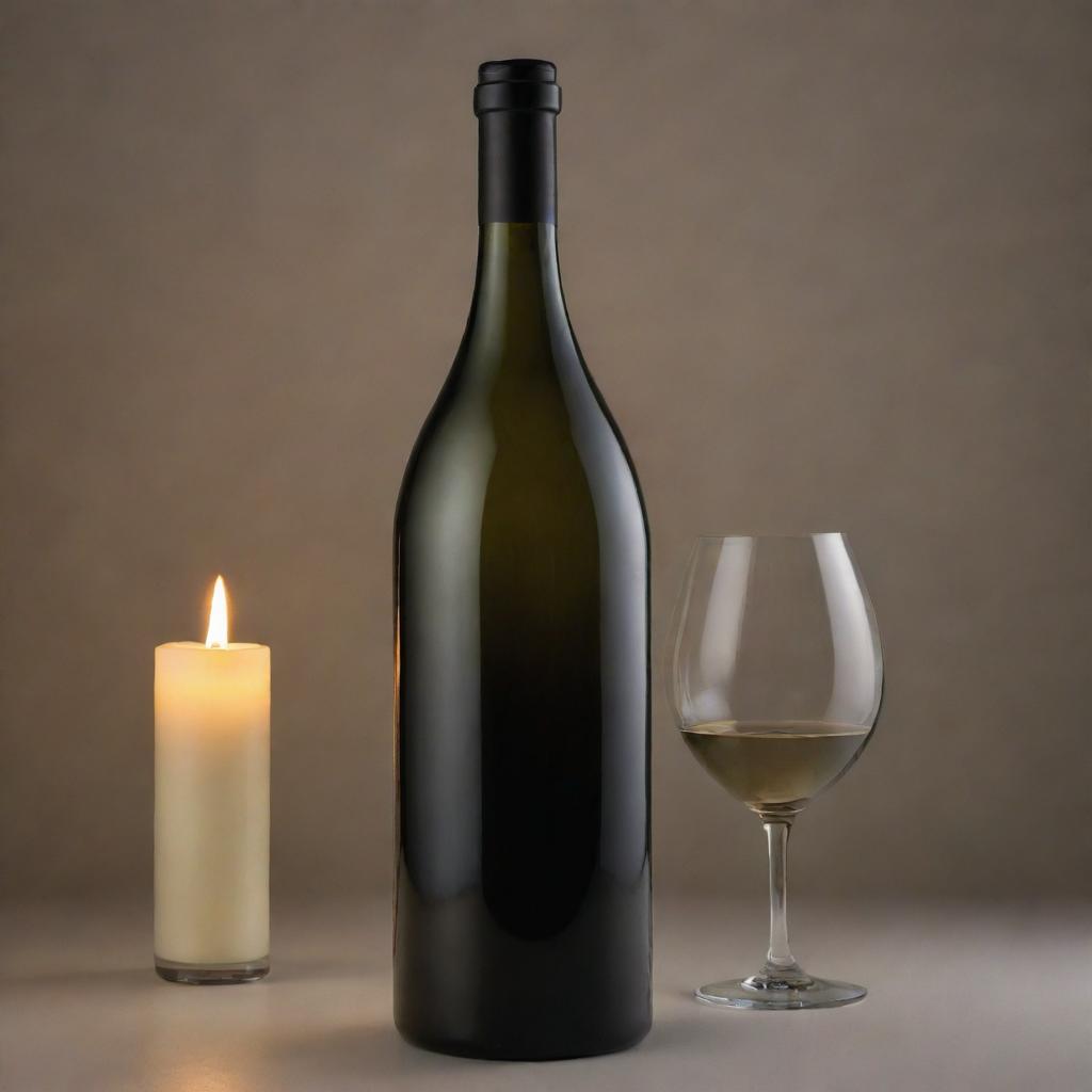 A modern, romantic wine bottle with elegant curves and a sleek design, basking in soft candlelight.