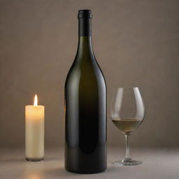 A modern, romantic wine bottle with elegant curves and a sleek design, basking in soft candlelight.