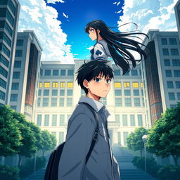 Anime-style novel cover depicting a grand, modern school prominently located in the city center