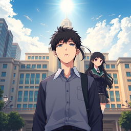 Anime-style novel cover depicting a grand, modern school prominently located in the city center