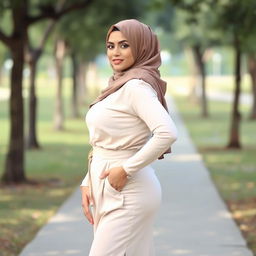 A confident woman with an attractive figure, featuring a beautifully draped hijab