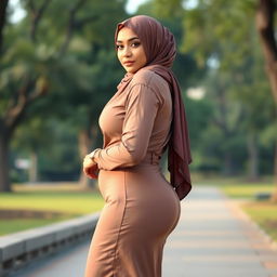 A confident woman with an attractive figure, featuring a beautifully draped hijab