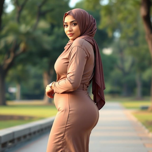 A confident woman with an attractive figure, featuring a beautifully draped hijab