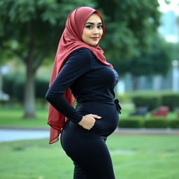 A confident woman with an attractive figure, featuring a beautifully draped hijab