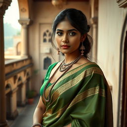 Portrait of a beautiful young Indian woman in a sexy green blouse paired with a traditional saree