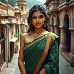 Portrait of a beautiful young Indian woman in a sexy green blouse paired with a traditional saree