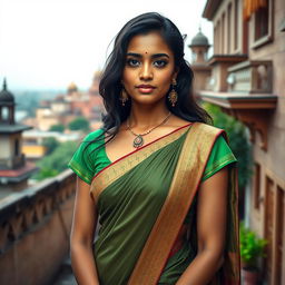 Portrait of a beautiful young Indian woman in a sexy green blouse paired with a traditional saree