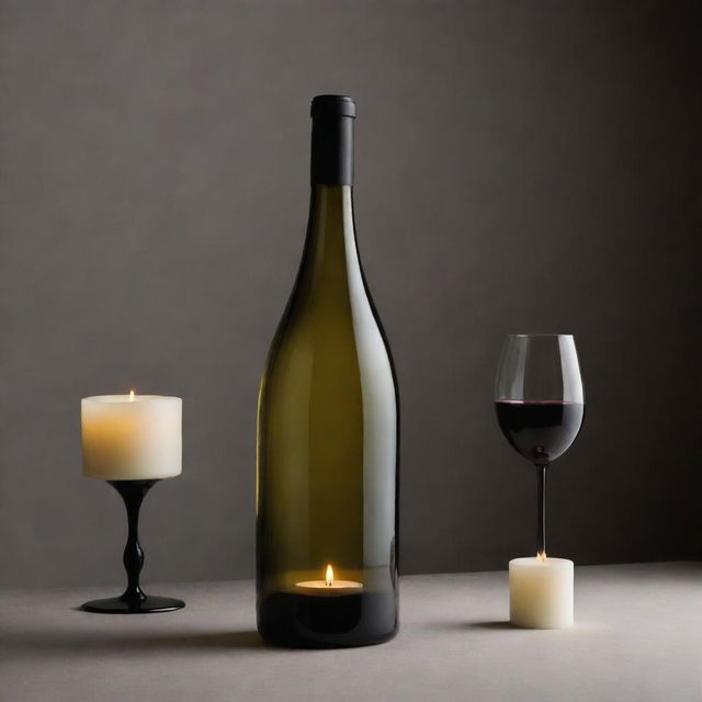 A modern, romantic wine bottle with elegant curves and a sleek design, basking in soft candlelight.