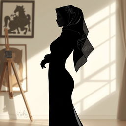 A digitally rendered woman with an elegant figure and an intricately designed hijab, standing gracefully in an art studio setting